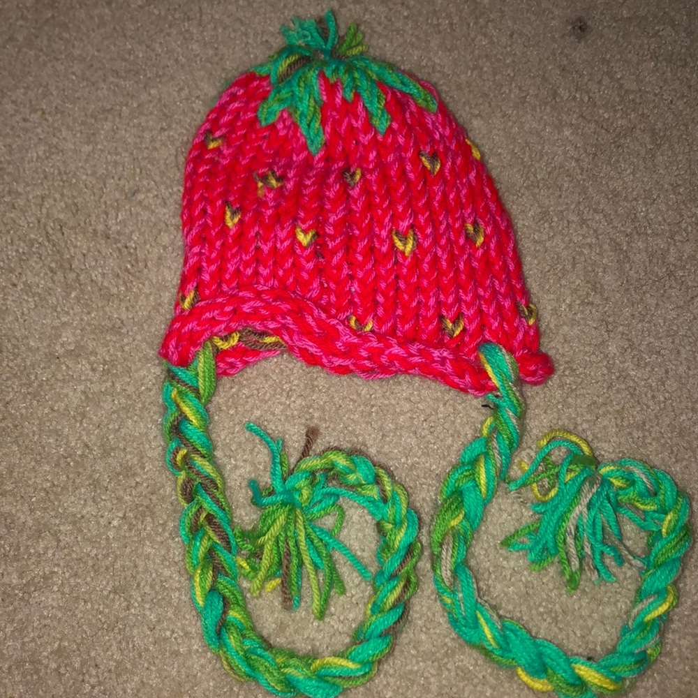 Strawberry winter beanie with long braided ties